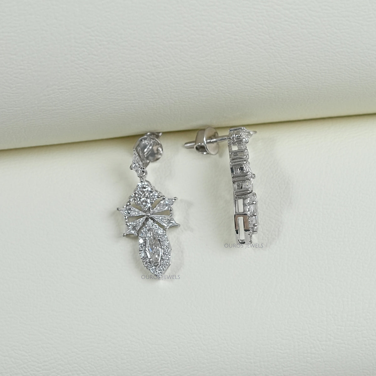 Step Cut Oval Diamond Cluster Dangle Drop Earrings
