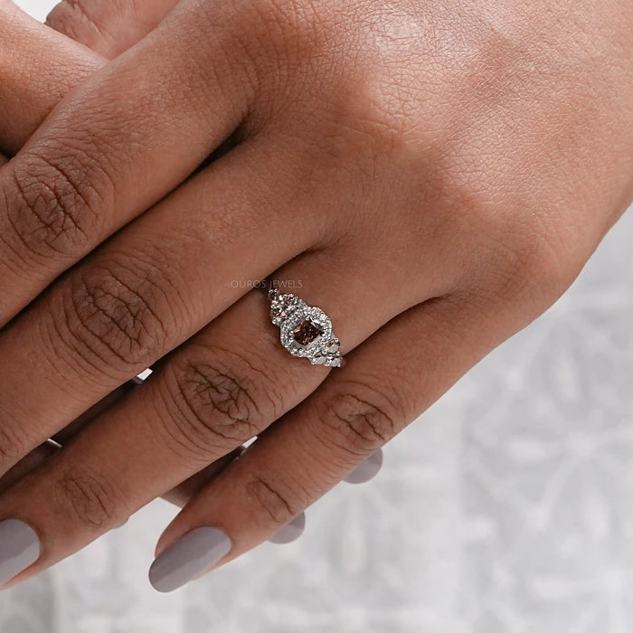 fancy brown cushion cut lab diamond halo wedding ring in finger