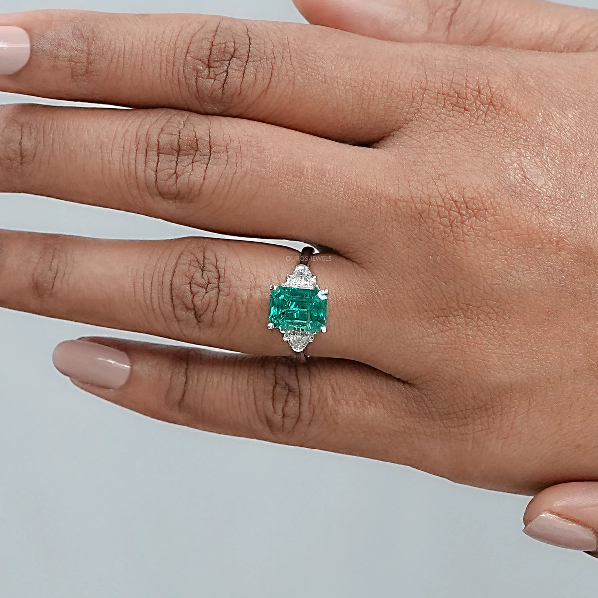 Green Emerald With Antique Diamond Three Stone Ring Ring