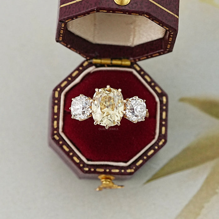 Fancy Yellow Old Mine Cushion Diamond Three Stone Ring
