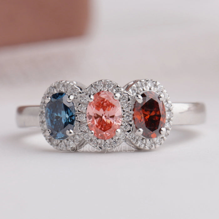 Tri Color Three Stone Lab Diamond Engagement Ring
