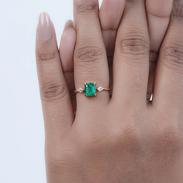 Emerald Gemstone And Kite Cut Three Stone Engagement Ring