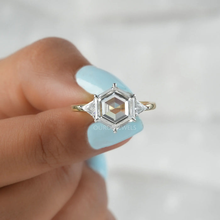 Step Cut Hexagon Shape Lab Diamond Three Stone Ring