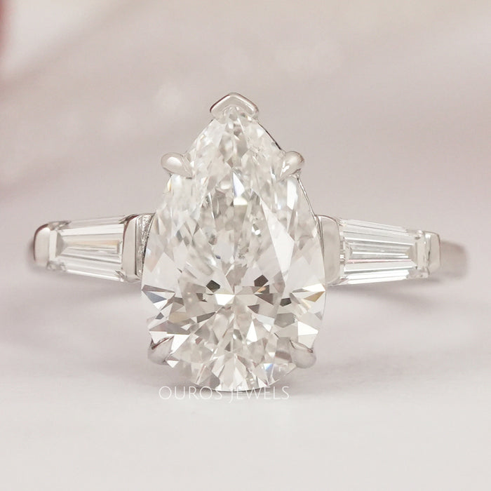 3 Stone Pear and Tapered Baguette Diamond Ring