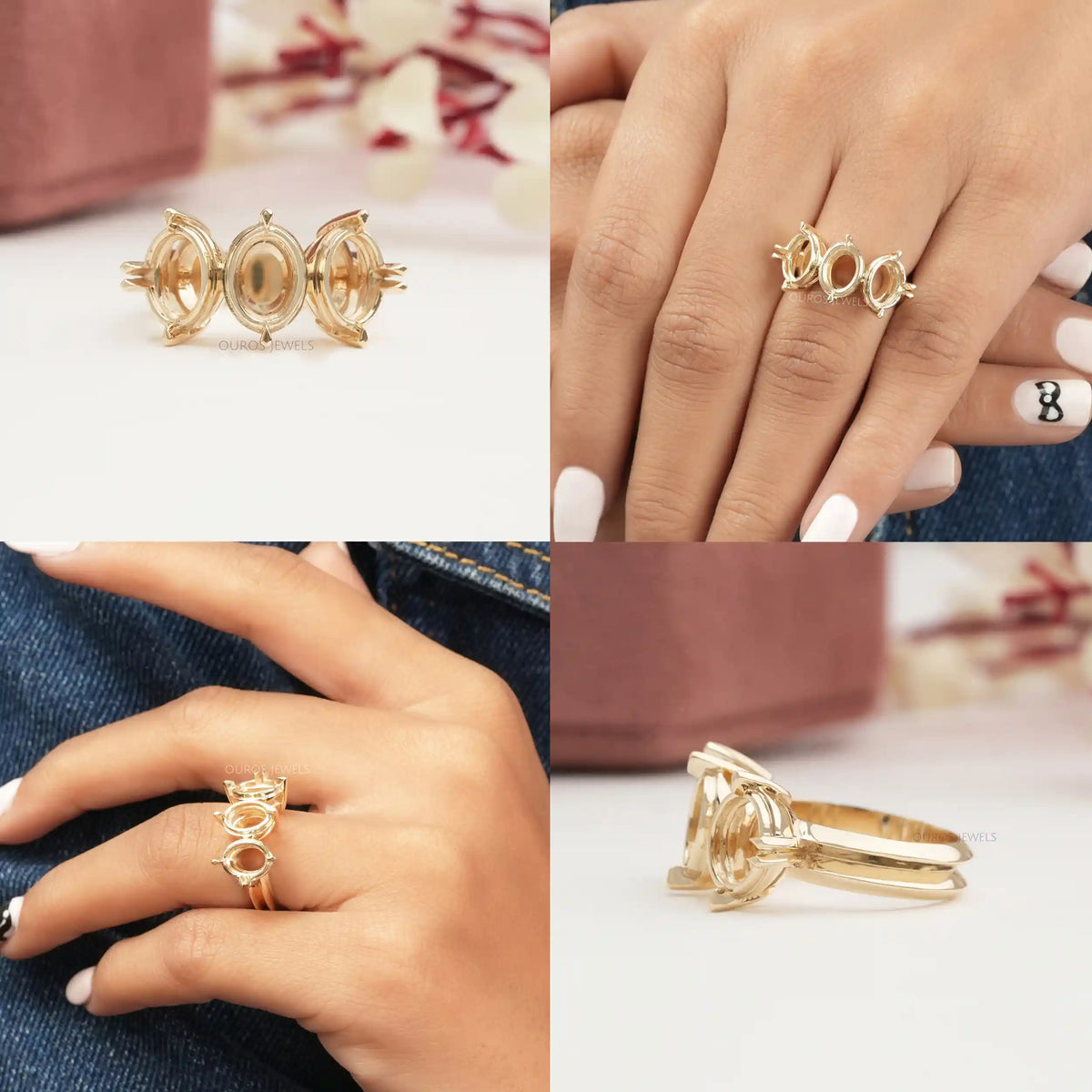 Three Stone Oval Semi Mount Engagement Ring