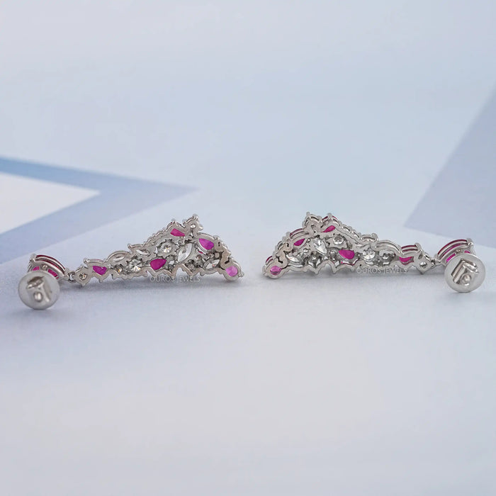 Red Ruby Pear Cut Gemstone Cluster Dangle Earrings
