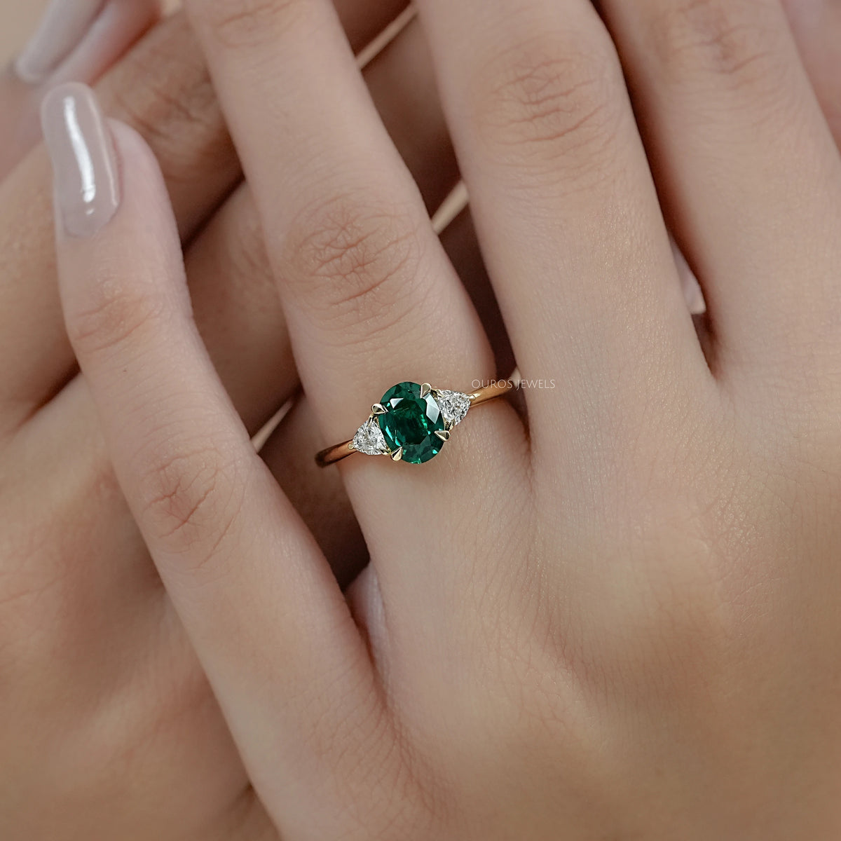 Trilogy Zambian Green Oval Gemstone And Trillion Cut Ring Ring