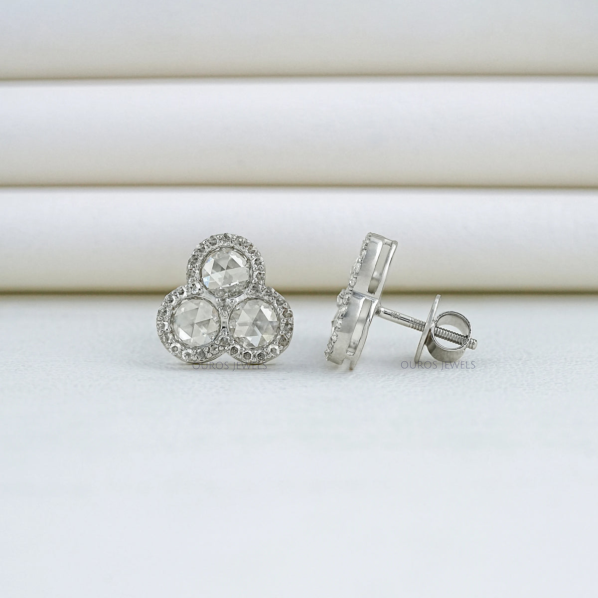 Trio Rose Cut Round Diamond Halo Stud Earrings Earring