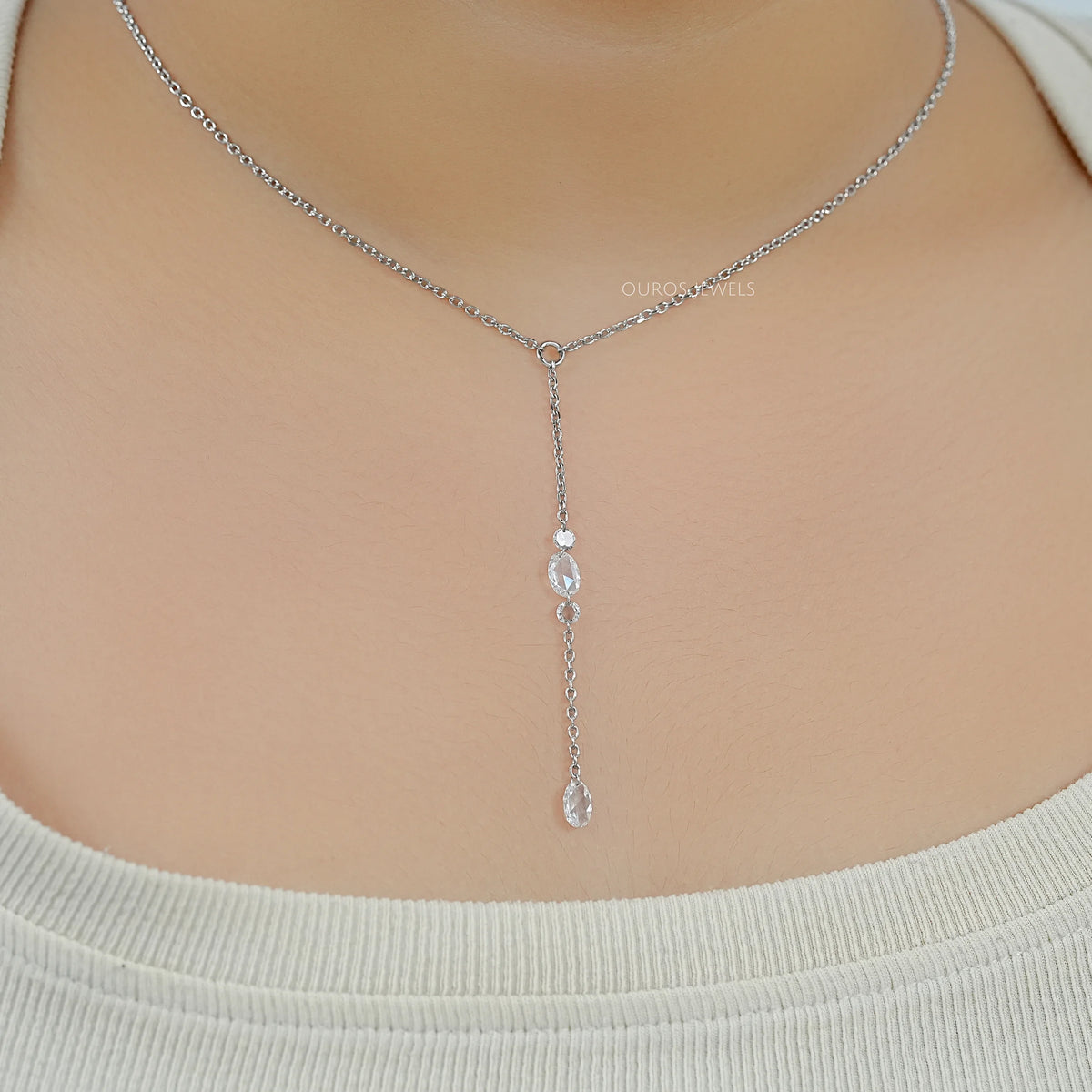 Rose Cut Oval And Round Diamond Lariat Necklace Necklaces