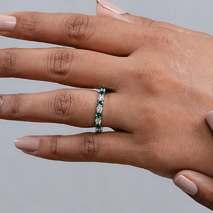 Emerald Gemstone And Round Diamond Eternity Band
