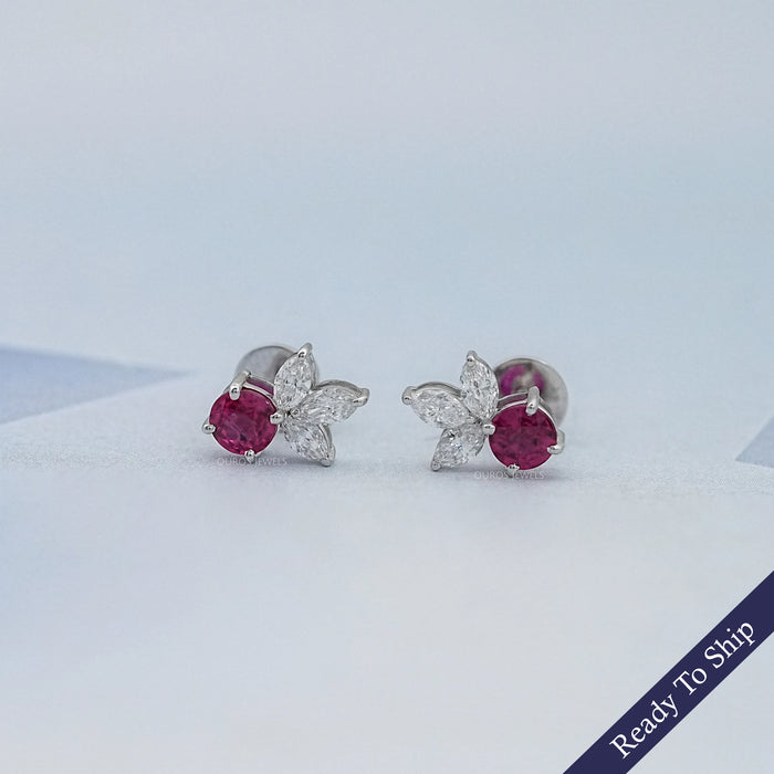 Ruby Round And Marquise Lab Diamond Stud Earrings