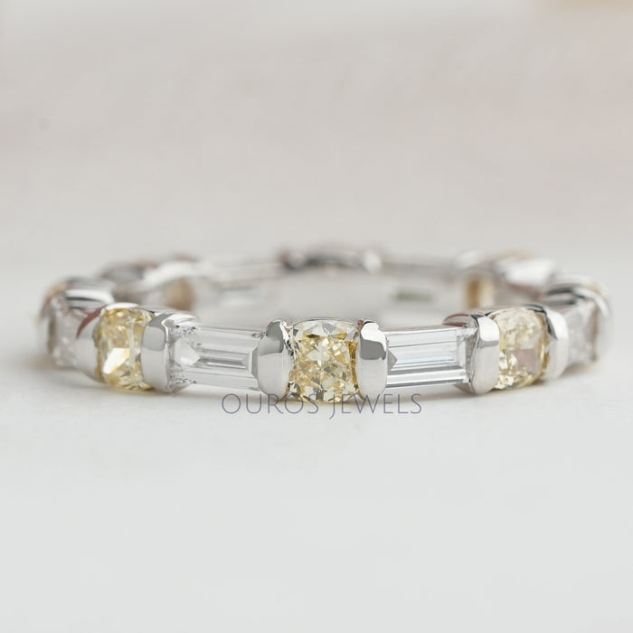 Yellow Cushion And Baguette Cut Lab Grown Diamond Eternity Wedding Band