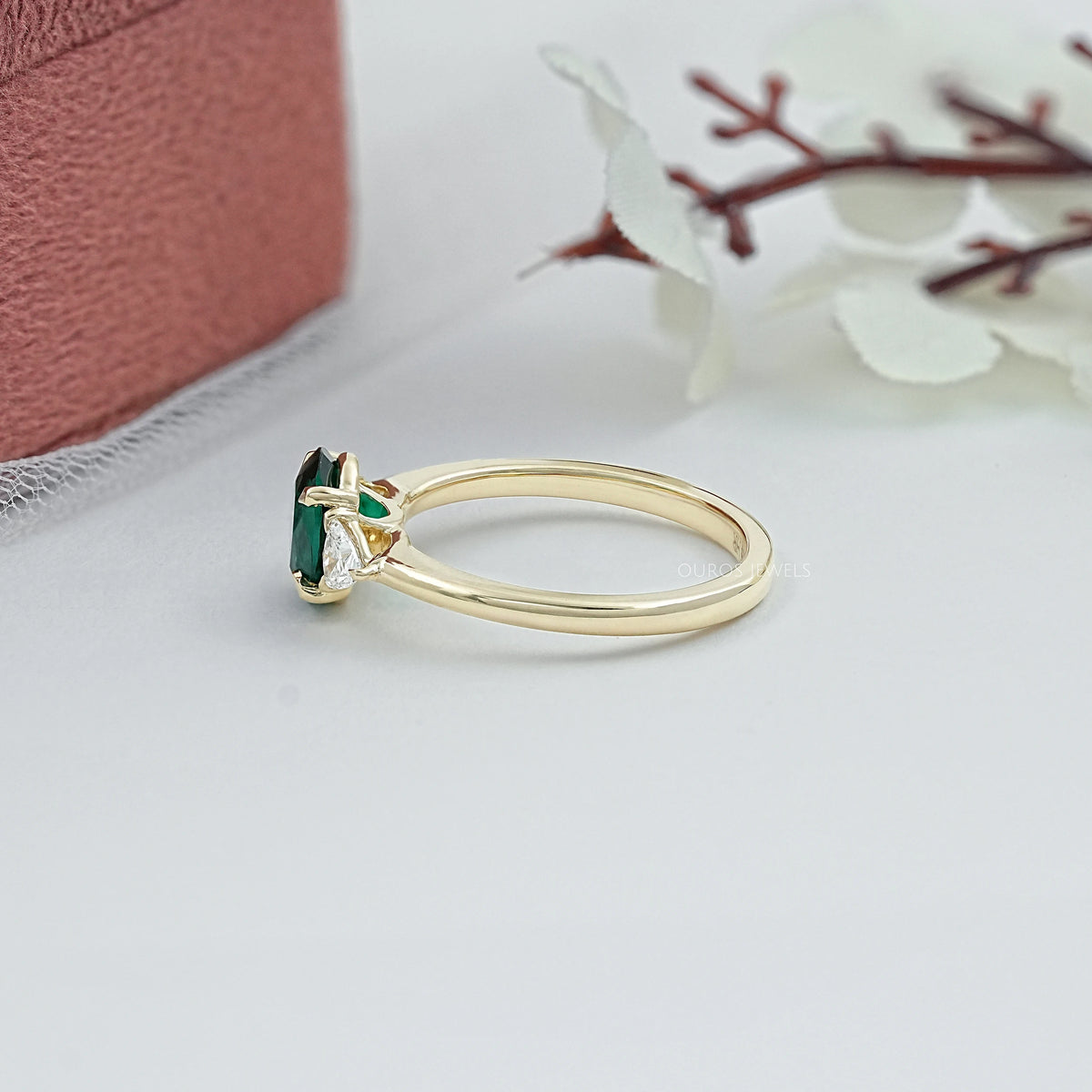 Trilogy Zambian Green Oval Gemstone And Trillion Cut Ring Ring