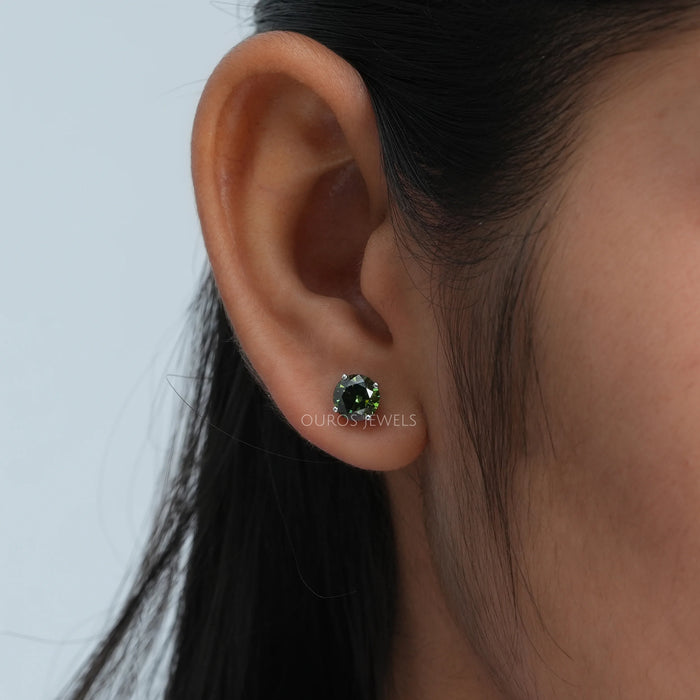 Green Round Cut Diamond Stud Earrings