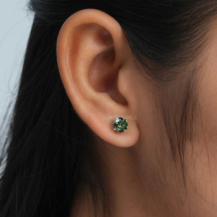 Green Round Cut Diamond Stud Earrings