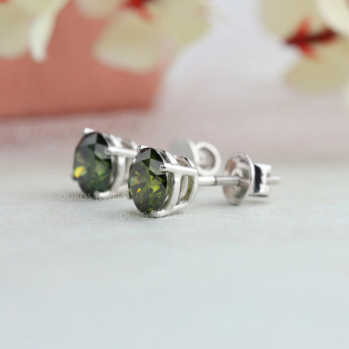 Green Round Cut Diamond Stud Earrings