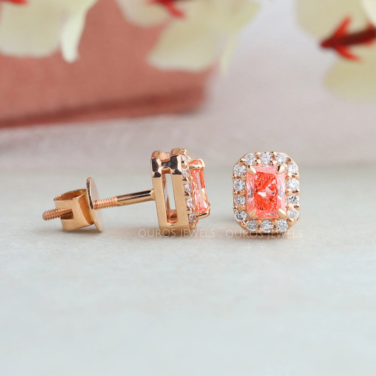 Pink Radiant Cut Halo Stud Earrings Earring
