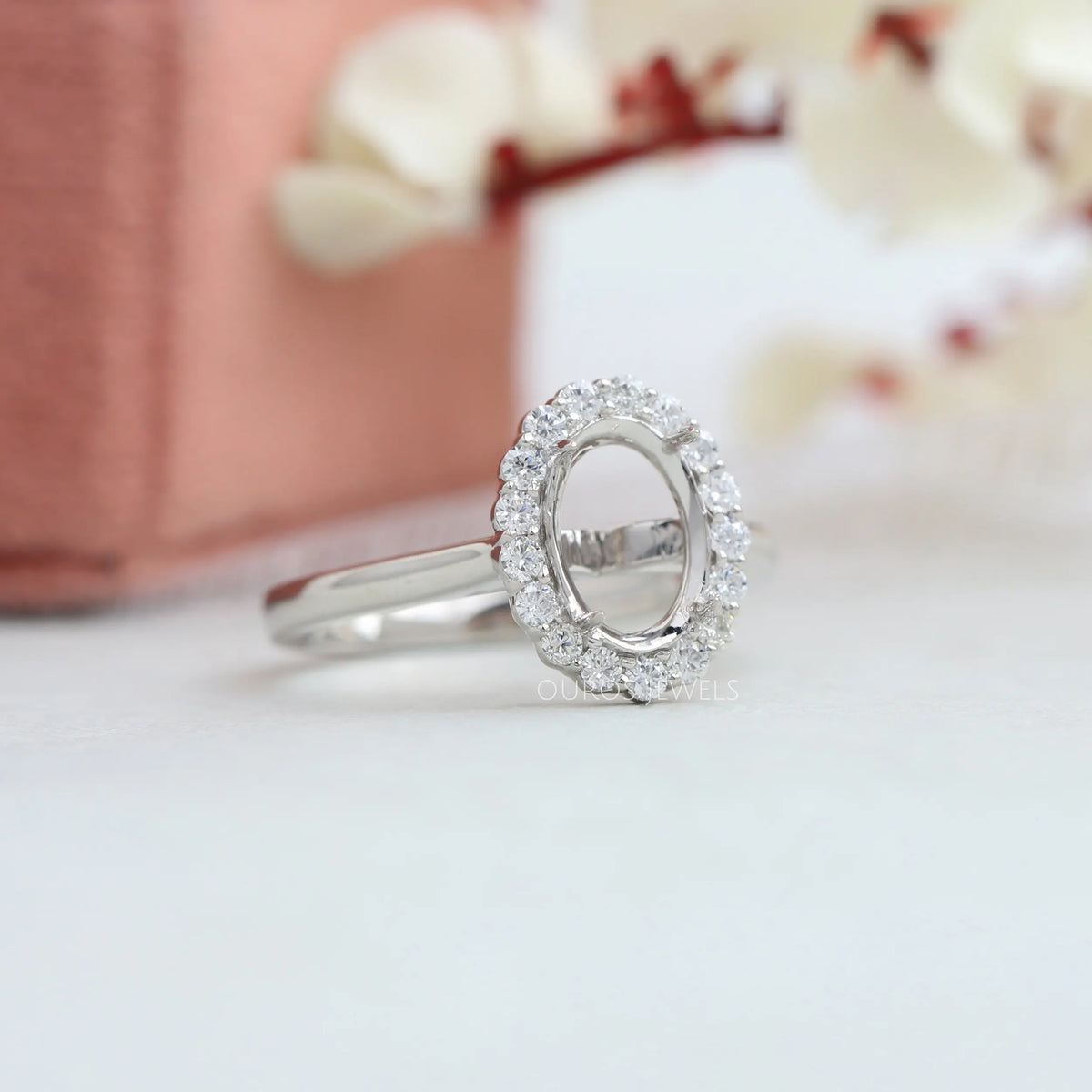 Oval Shape Halo Semi Mount Engagement Ring Ring
