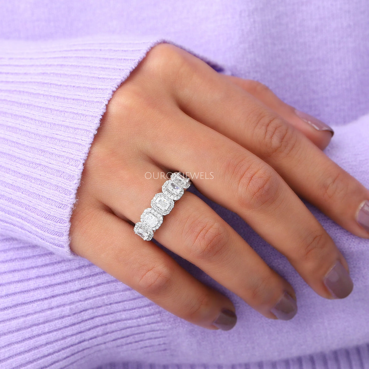 Radiant Cut Halo Half Eternity Wedding Band Rings