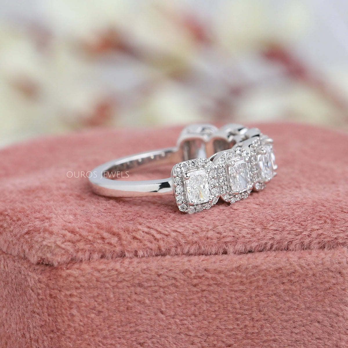 Radiant Cut Halo Half Eternity Wedding Band Rings