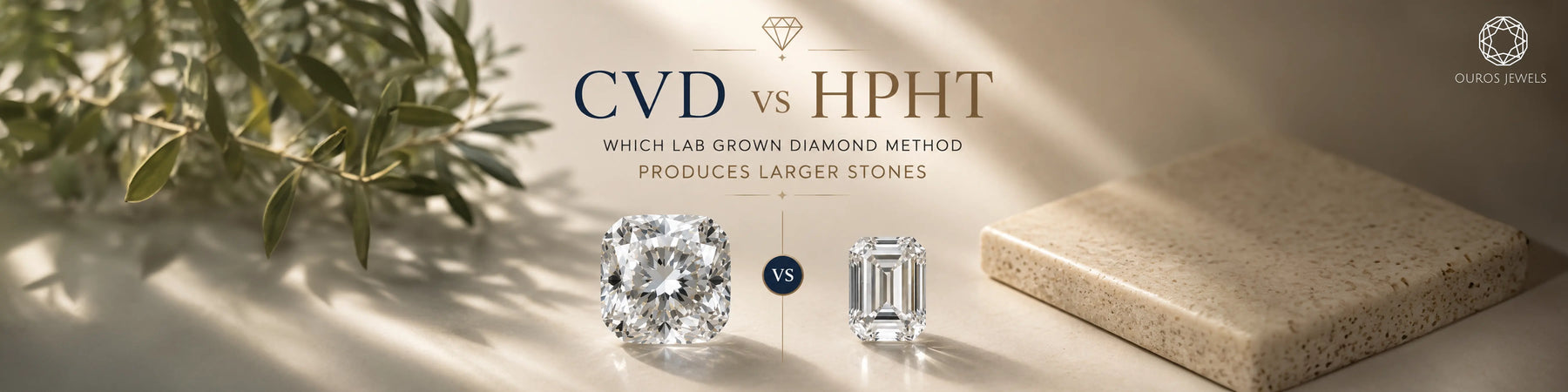 Two lab-grown diamonds displayed side by side, with a larger cushion-shaped stone and smaller rectangular stone labeled CVD and HPHT for comparison.