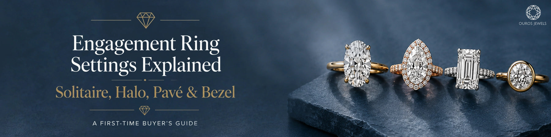 Four engagement rings featuring different settings, including solitaire, halo, pavé, and bezel, arranged on a dark stone surface.