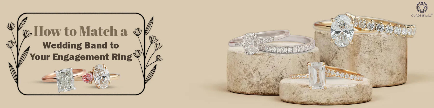 Guide on how to match a wedding band with an engagement ring, showing a close-up of a diamond engagement ring paired with a diamond wedding band