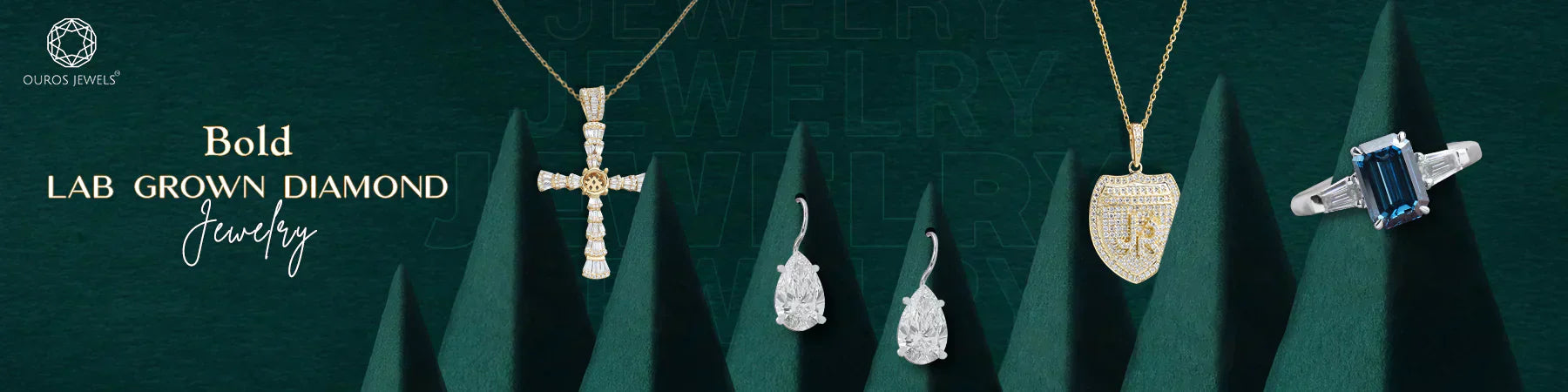 Image showing a lab-grown diamond Cross Pendant, earrings and three stone engagement rings as trendy bold diamond jewelry
