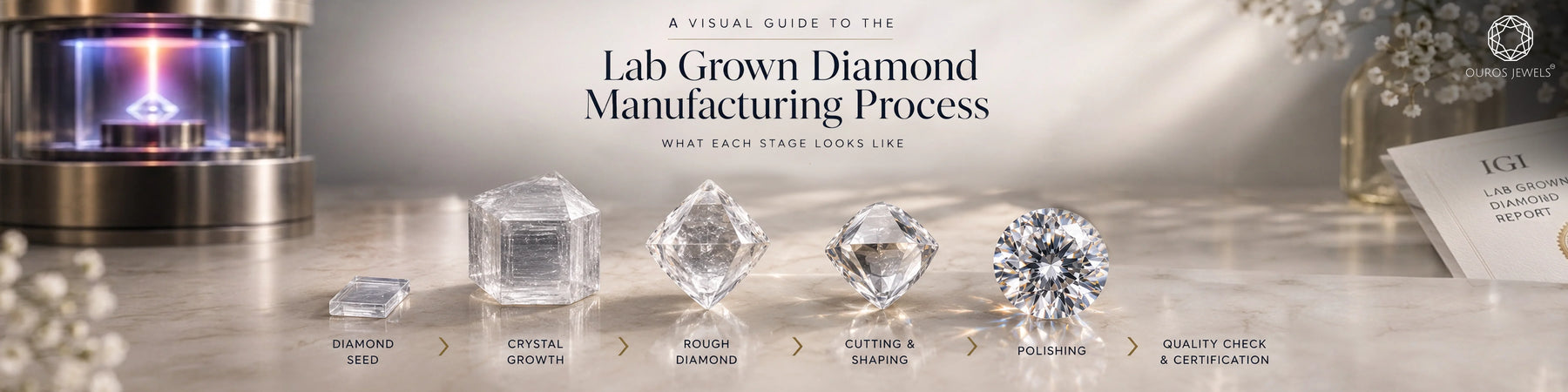 Lab grown diamond manufacturing process guide displaying stages from diamond seed and crystal growth to rough diamond, polished cut, and certificate