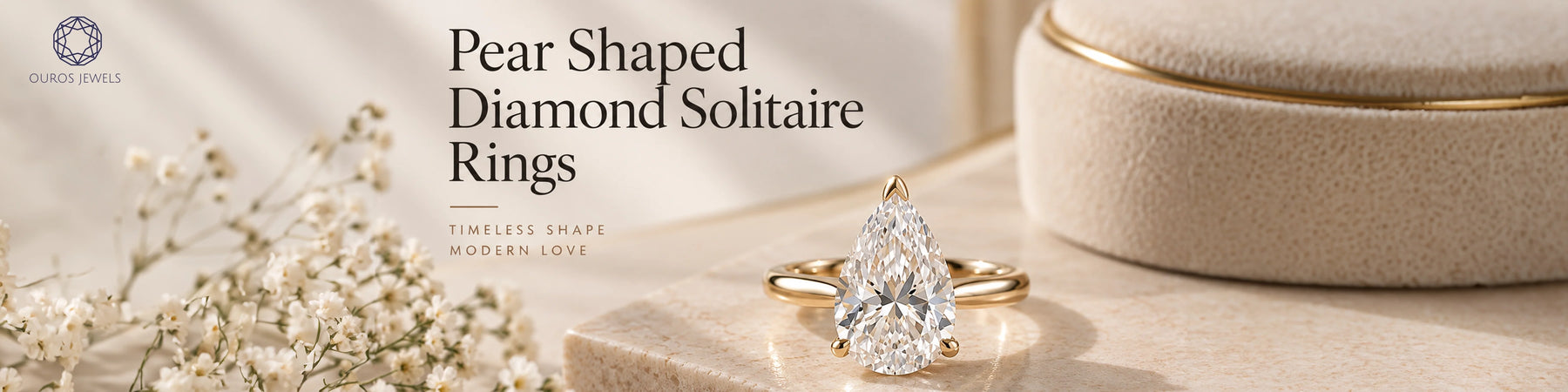 Pear shaped diamond solitaire ring guide showing a teardrop lab created diamond set in classic yellow gold solitaire band setting