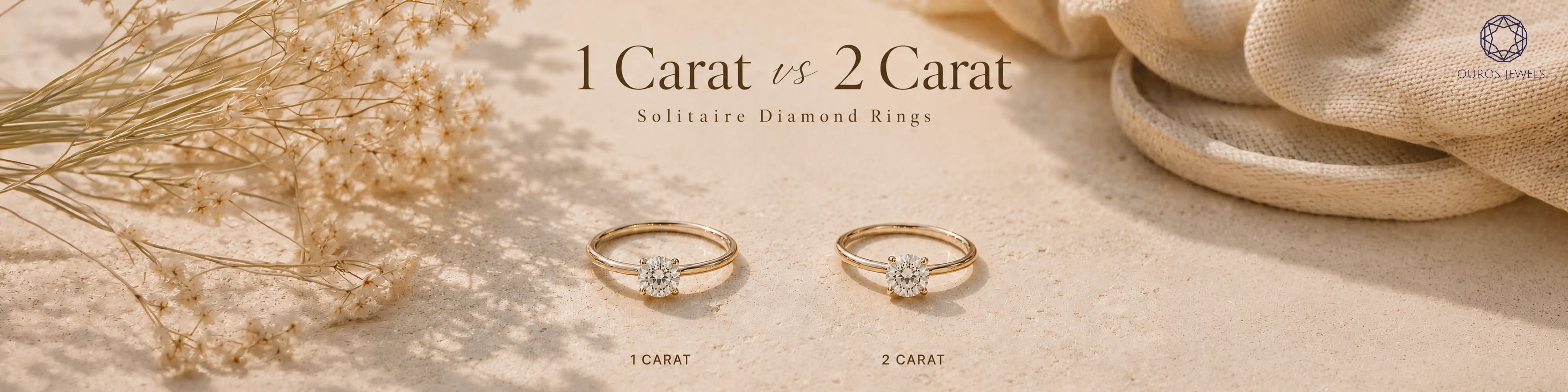 1 carat vs 2 carat solitaire diamond ring size comparison in 14k yellow gold