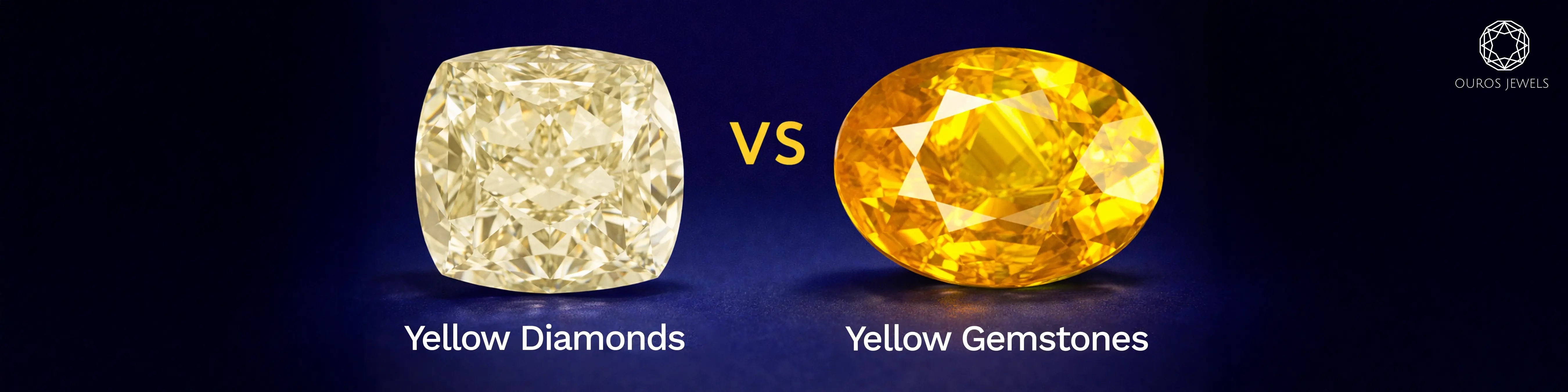 Yellow diamonds vs yellow gemstones comparison showing cushion cut yellow diamond and oval cut yellow sapphire side by side