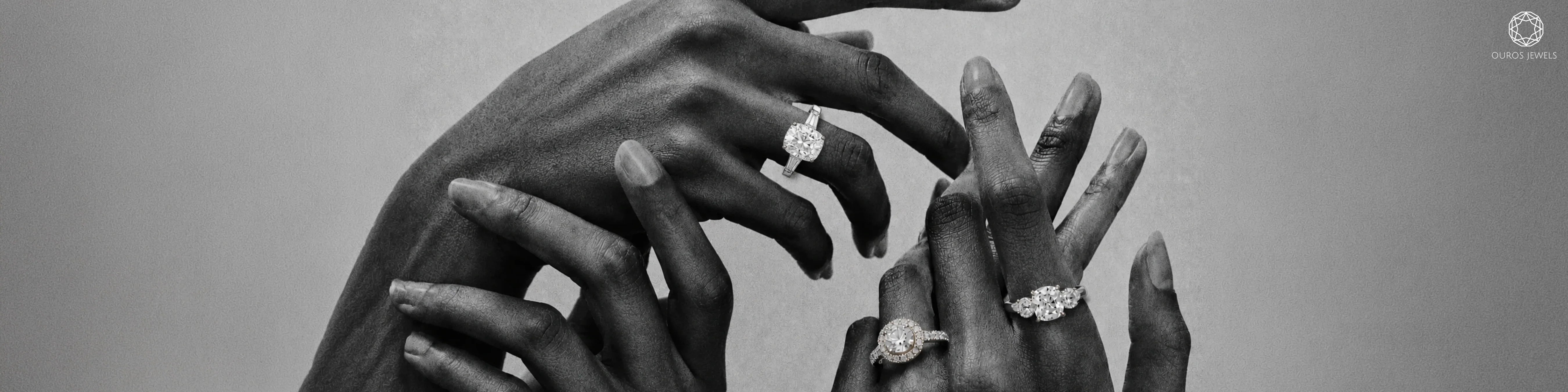 Lab grown Old Mine Cushion engagement ring styles by Ouros Jewels — cushion solitaire, round halo, and three-stone diamond rings