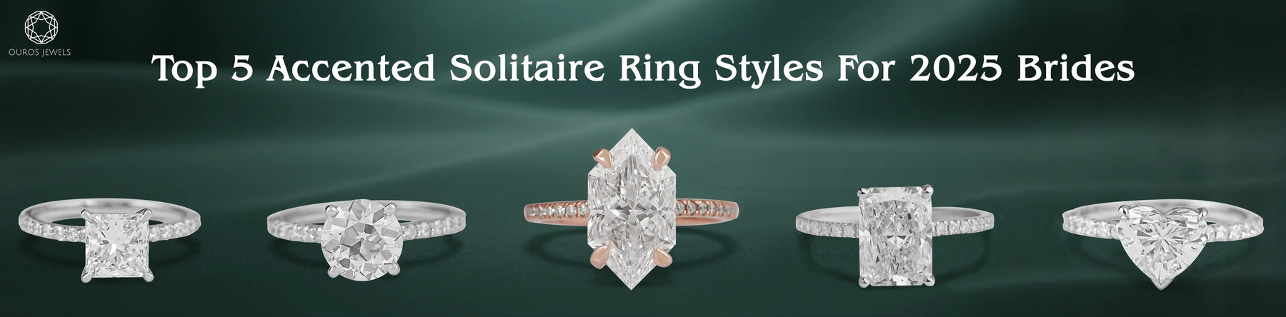 5 accented solitaire ring styles featuring princess, round, dutch marquise, radiant and heart shaped diamonds.