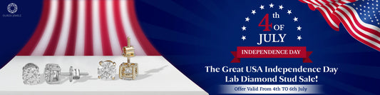 Image showing Ouros Jewels offering The Great USA Independence Day Round Lab-Grown Diamond Stud Earrings Sale from 4th to 6th of July 2025.