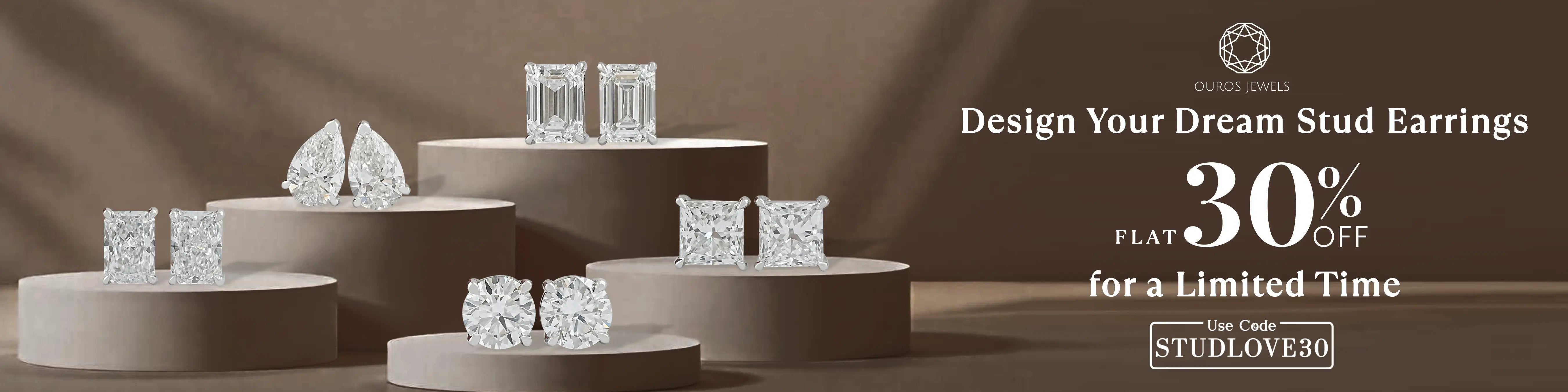 Image showing various Lab-grown diamond stud earrings in different diamond cuts with 30% off limited-time offer