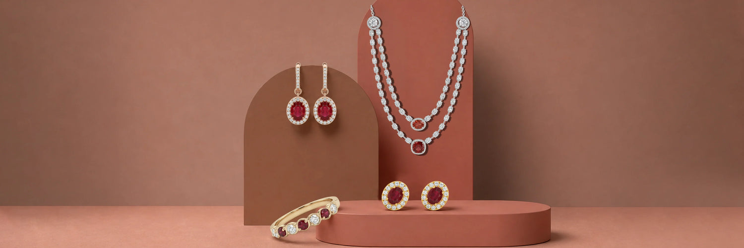 Ruby gemstone jewelry collection featuring handcrafted rings, necklaces, and earrings with genuine red rubies – Ouros Jewels