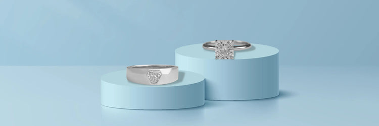 Image showing a shield cut diamond men's wedding band with square radiant cut diamond wedding ring set, an ideal Lab-Grown Diamond Jewelry gifts for couples