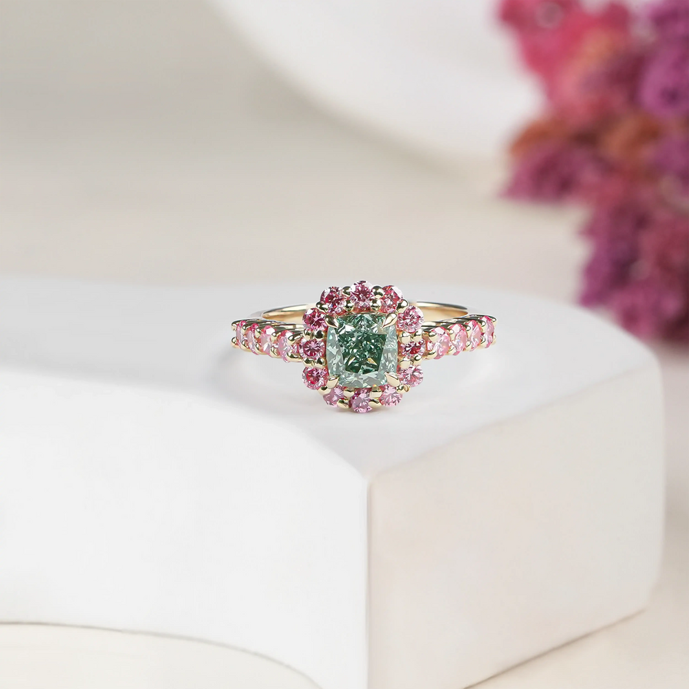 Pink and green diamond halo engagement ring