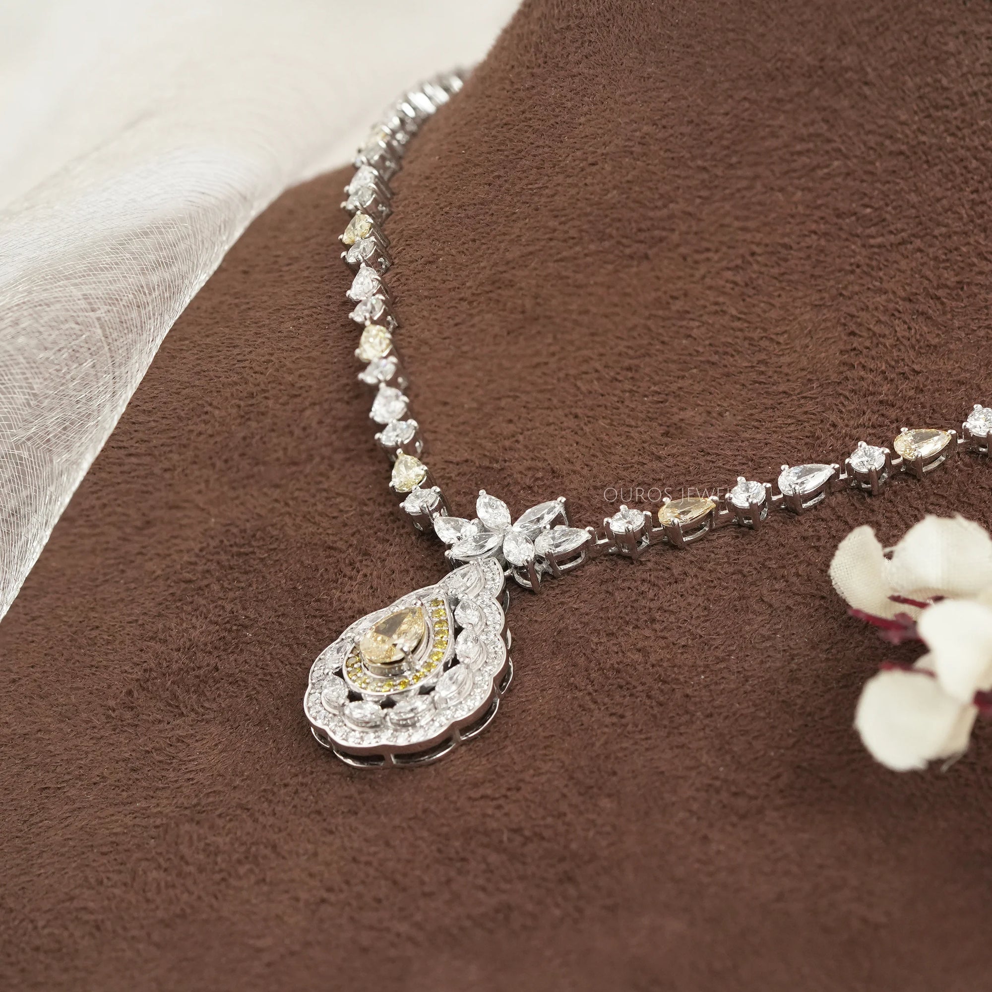 Yellow Pear And White Diamond Teardrop Necklace Necklaces