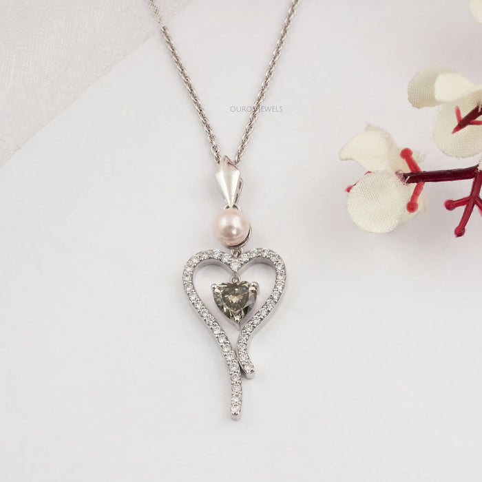 Olive Heart Diamond And Pearl Pendant