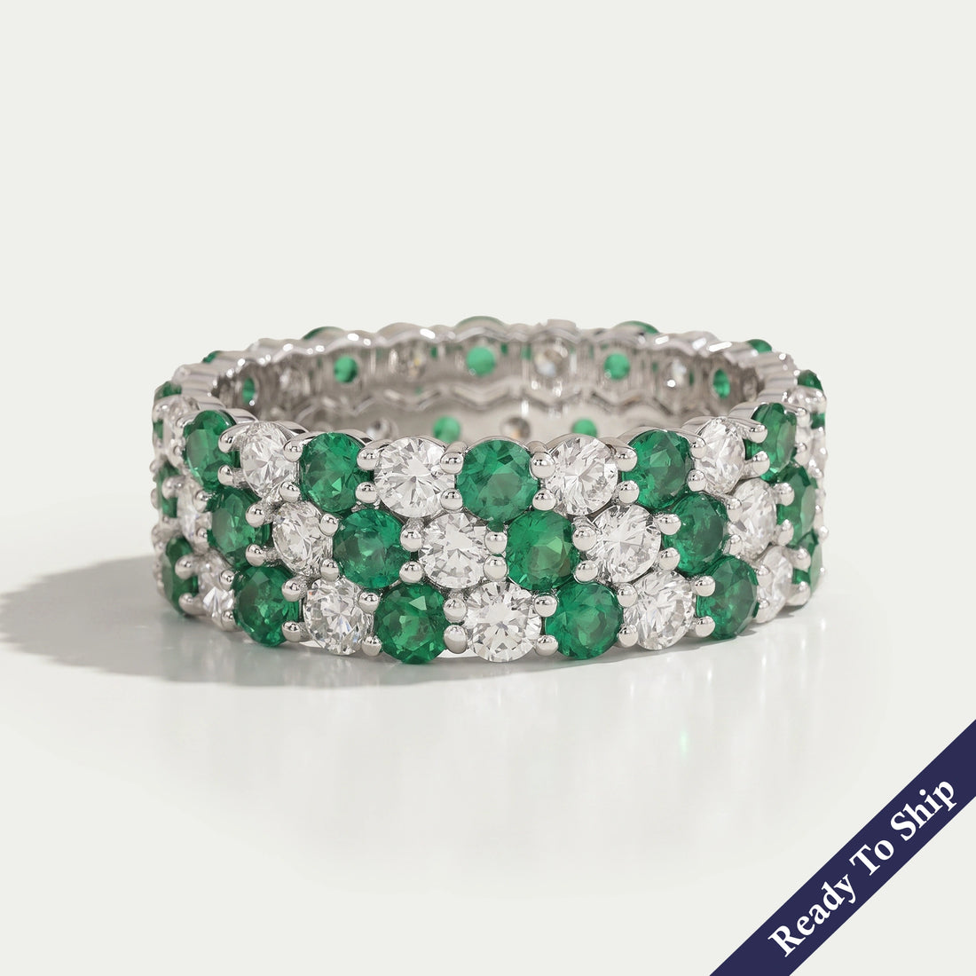 Three Row Emerald Gem And Diamond Wedding Band
