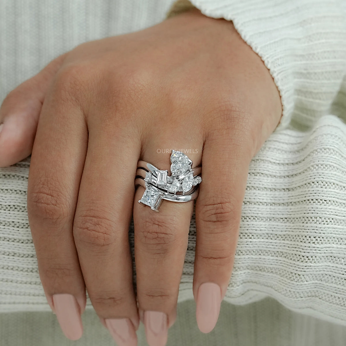 Three Row Multi Shape Lab Diamond Wave Band Ring