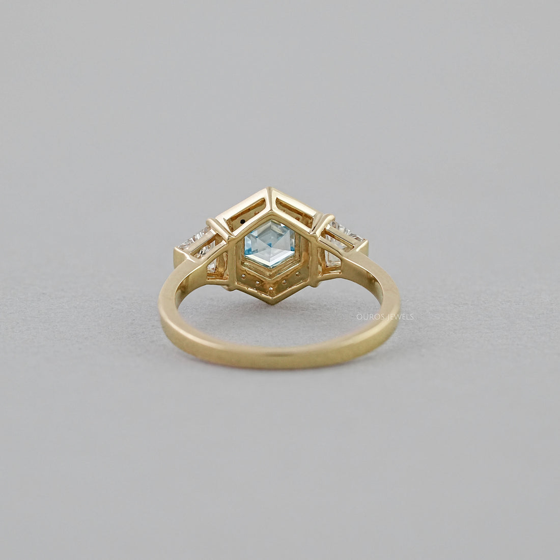 3 Stone Blue Hexagon Cut Halo Diamond Engagement Ring Ring