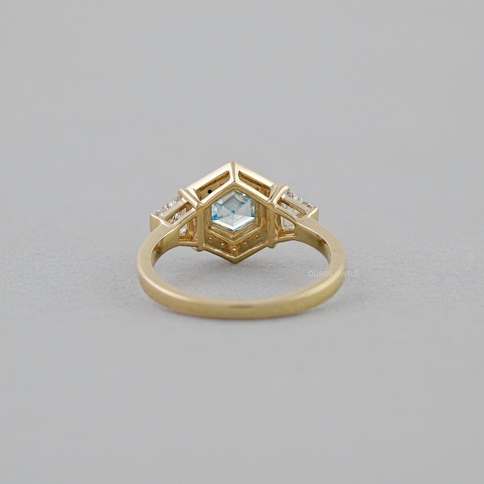 3 Stone Blue Hexagon Cut Halo Diamond Engagement Ring Ring