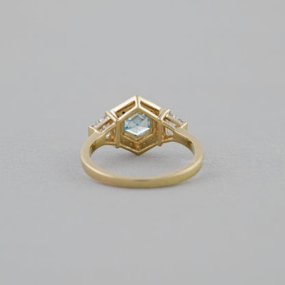3 Stone Blue Hexagon Cut Halo Diamond Engagement Ring Ring