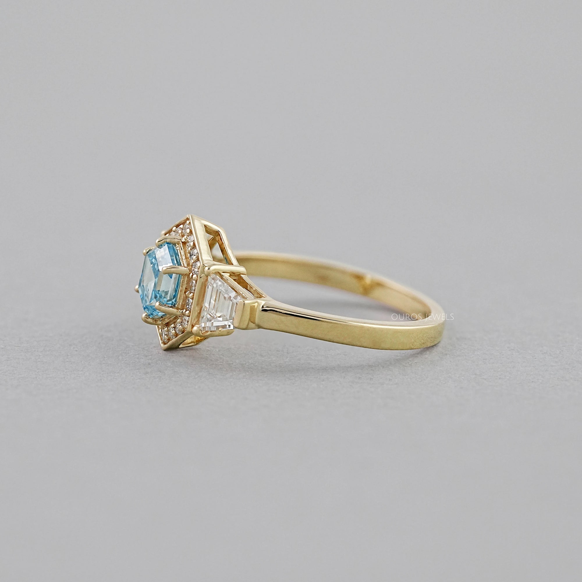 3 Stone Blue Hexagon Cut Halo Diamond Engagement Ring Ring