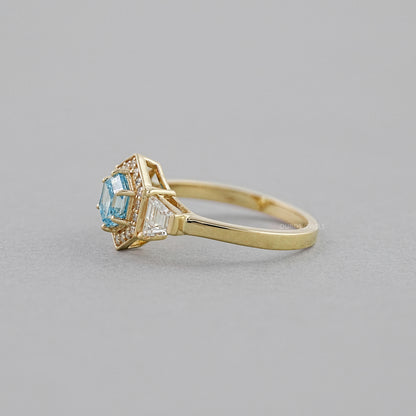 3 Stone Blue Hexagon Cut Halo Diamond Engagement Ring Ring