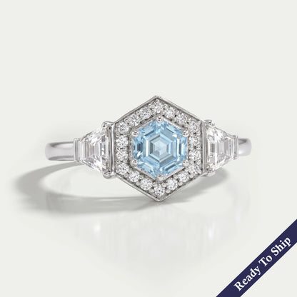Blue Hexagon Cut Lab Diamond Three Stone Halo Ring Ring