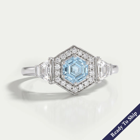 Blue Hexagon Cut Lab Diamond Three Stone Halo Ring Ring